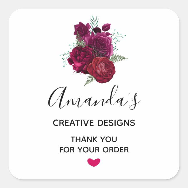 Elegant Magenta Rose Floral Bouquet Business Square Sticker (Front)