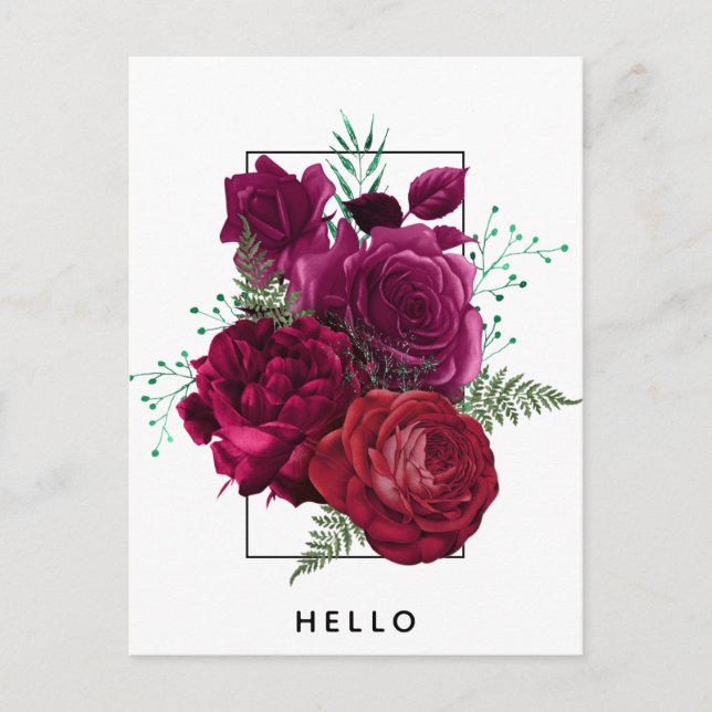 Elegant Magenta Rose Floral Bouquet Hello Postcard (Front)