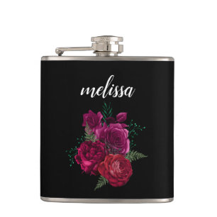Elegant Magenta Rose Floral Bouquet Hip Flask
