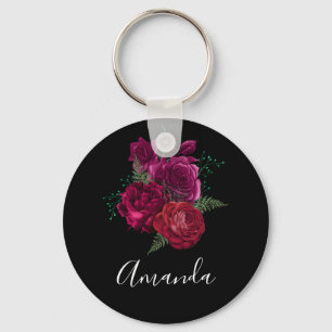 Elegant Magenta Rose Floral Bouquet Key Ring