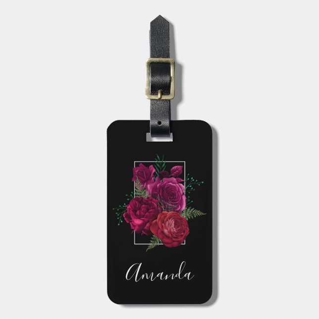 Elegant Magenta Rose Floral Bouquet Luggage Tag (Front Vertical)