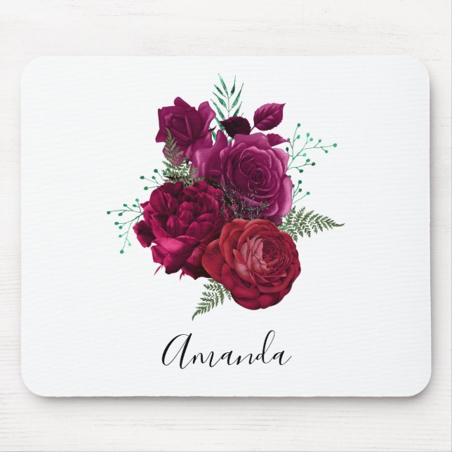 Elegant Magenta Rose Floral Bouquet Mouse Mat (Front)
