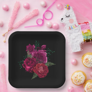 Elegant Magenta Rose Floral Bouquet Paper Plate