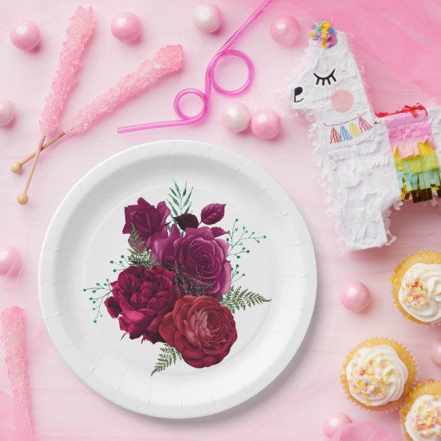 Elegant Magenta Rose Floral Bouquet Paper Plate (Party)