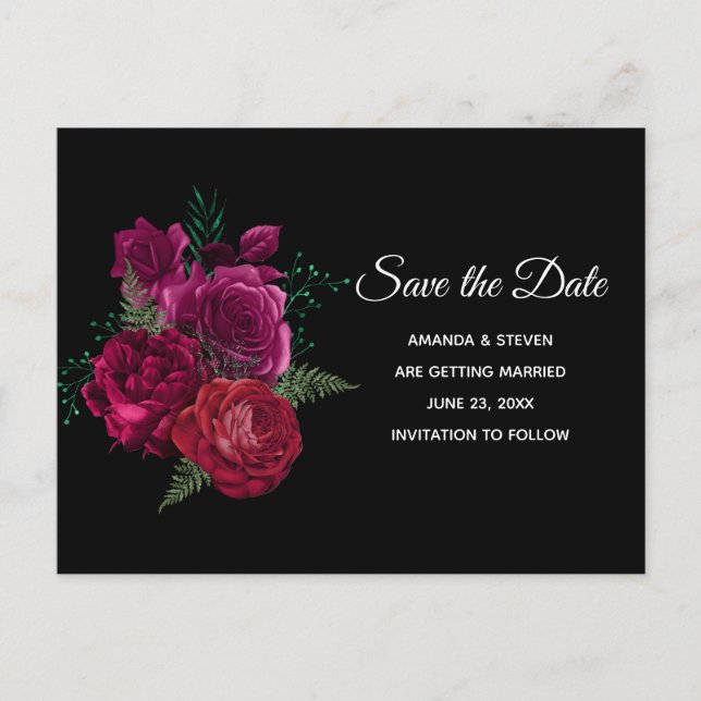 Elegant Magenta Rose Floral Bouquet Save the Date Invitation Postcard (Front)