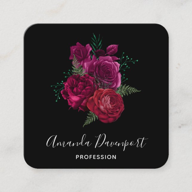 Elegant Magenta Rose Floral Bouquet Square Business Card (Front)