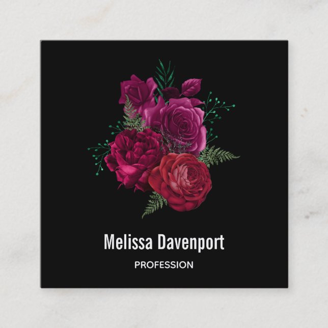 Elegant Magenta Rose Floral Bouquet Square Business Card (Front)