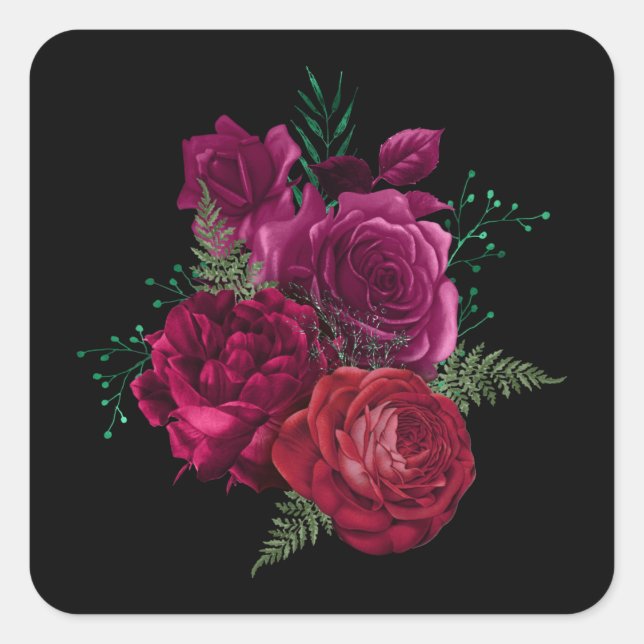 Elegant Magenta Rose Floral Bouquet  Square Sticker (Front)