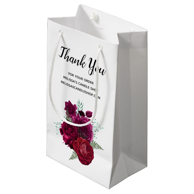 Elegant Magenta Rose Floral Bouquet Thank You Small Gift Bag (Front Angled)