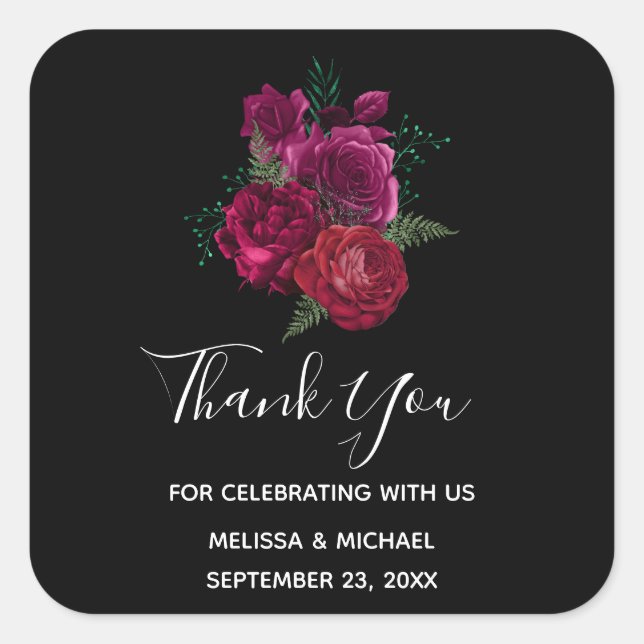 Elegant Magenta Rose Floral Bouquet Thank You Square Sticker (Front)