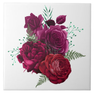 Elegant Magenta Rose Floral Bouquet Tile
