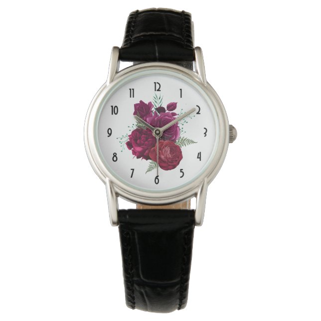 Elegant Magenta Rose Floral Bouquet Watch (Front)