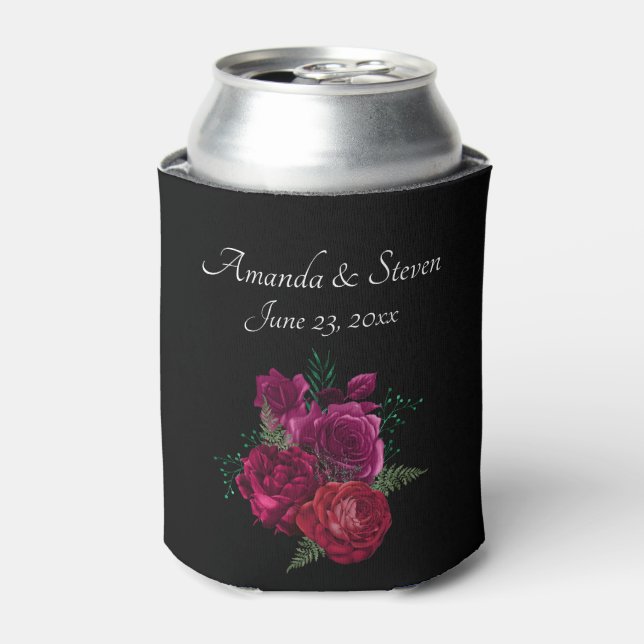 Elegant Magenta Rose Floral Bouquet Wedding Can Cooler (Can Front)