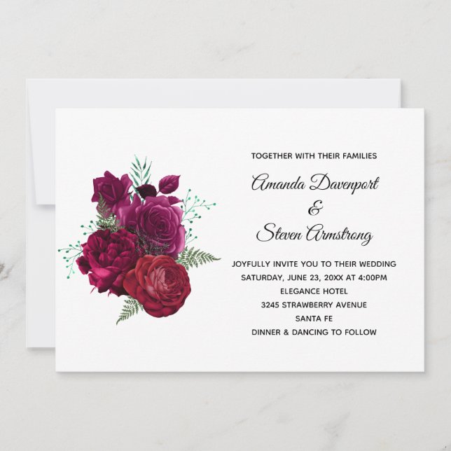 Elegant Magenta Rose Floral Bouquet Wedding Invitation (Front)
