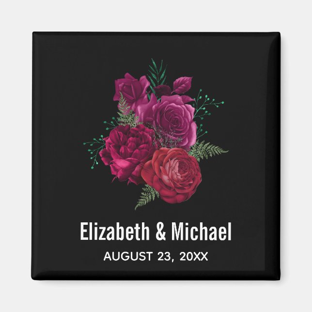 Elegant Magenta Rose Floral Bouquet Wedding Magnet (Front)
