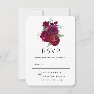 Elegant Magenta Rose Floral Bouquet Wedding RSVP Card