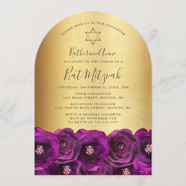 Elegant Magenta Rose Floral Gold Bat Mitzvah Invitation (Front)