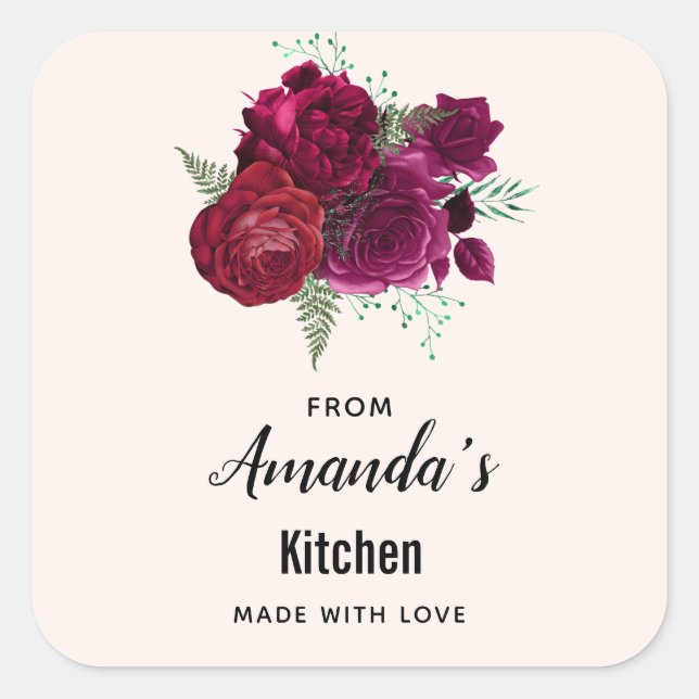 Elegant Magenta Rose Floral Kitchen Square Sticker (Front)