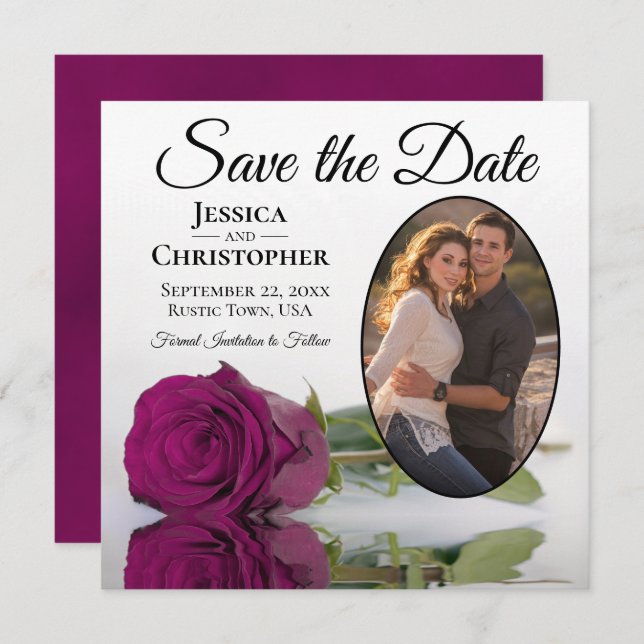 Elegant Magenta Rose on White Oval Photo Wedding Save The Date (Front/Back)