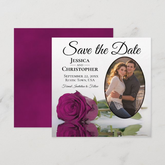 Elegant Magenta Rose on White Oval Photo Wedding Save The Date (Front/Back)