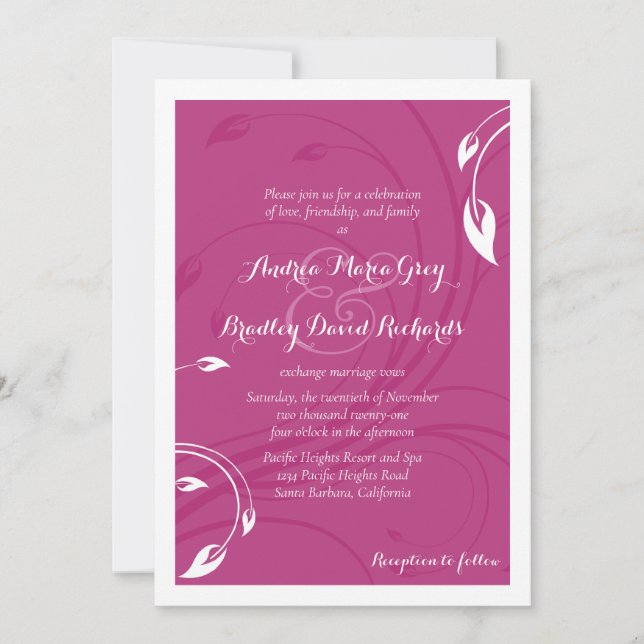 Elegant Magenta White Floral Wedding Invitation (Front)
