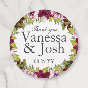Elegant Magenta White Florals and Green Botanicals Favour Tags