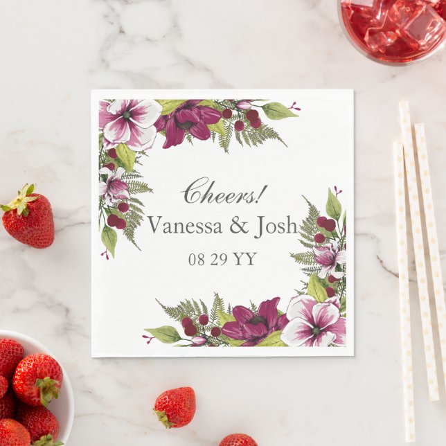 Elegant Magenta White Florals and Green Botanicals Napkin (Insitu)