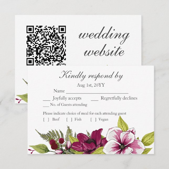 Elegant Magenta White Florals and Green Botanicals RSVP Card (Front/Back)