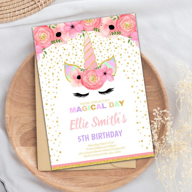 Elegant & Magical Birthday Party Card (Pink Floral Unicorn Cards)