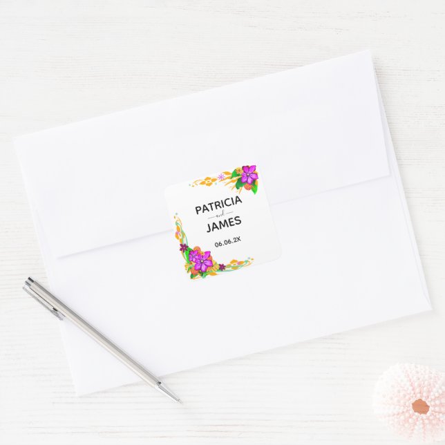 Elegant, Magical, & Bold Floral Wedding Square Sticker (Envelope)
