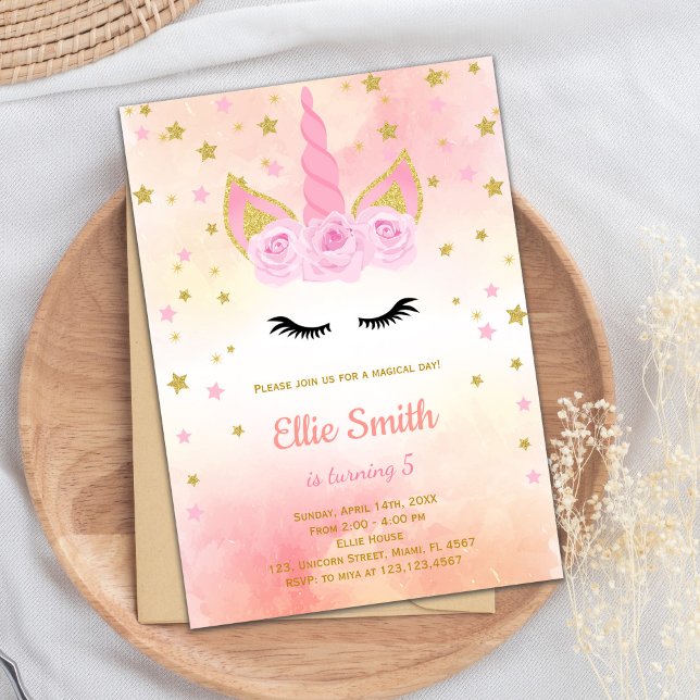 Elegant Magical Girl Party Card with Floral Design (Rose Pink Unicorn Birthday Invitations)