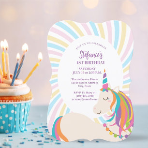 Elegant Magical Rainbow Unicorn Girl 1st Birthday Invitation