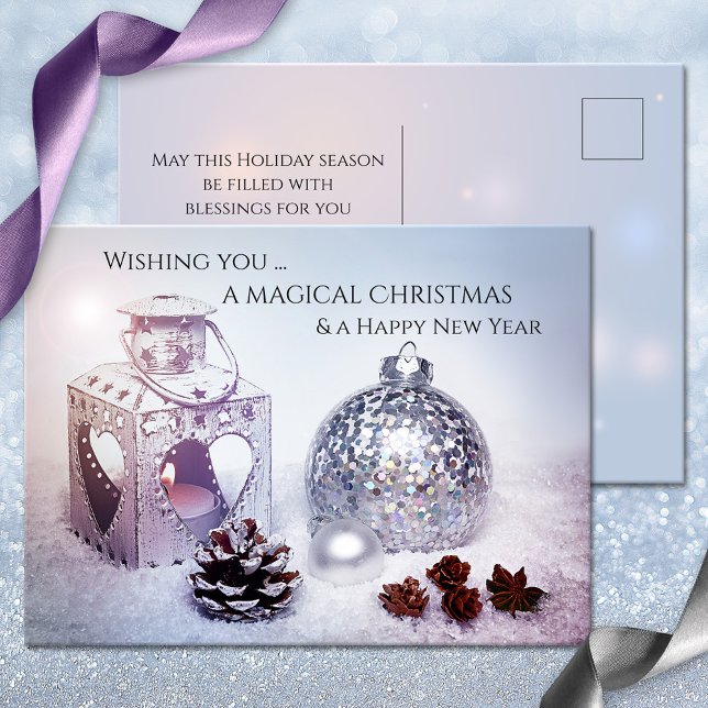 Elegant Magical White Christmas Dream Postcard (Elegant Christmas postcard featuring a candle lit lantern with pine cones and festive ornaments)