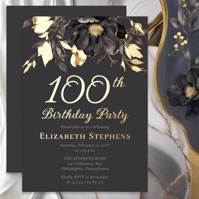 Elegant Magnolia Adult 100th Birthday Party Gold  (Elegant Magnolia Luxury Gold Foil Graphite Gray Adult 100th Birthday Party Invitation)
