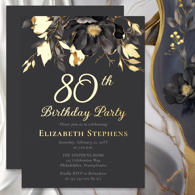 Elegant Magnolia Adult 80th Birthday Party Gold  (Elegant Magnolia Luxury Gold Foil Graphite Gray Adult 80th Birthday Party Invitation)