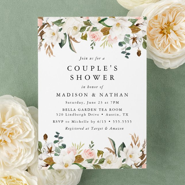 Elegant Magnolia and Blush Floral Couple's Shower Invitation (Creator Uploaded)