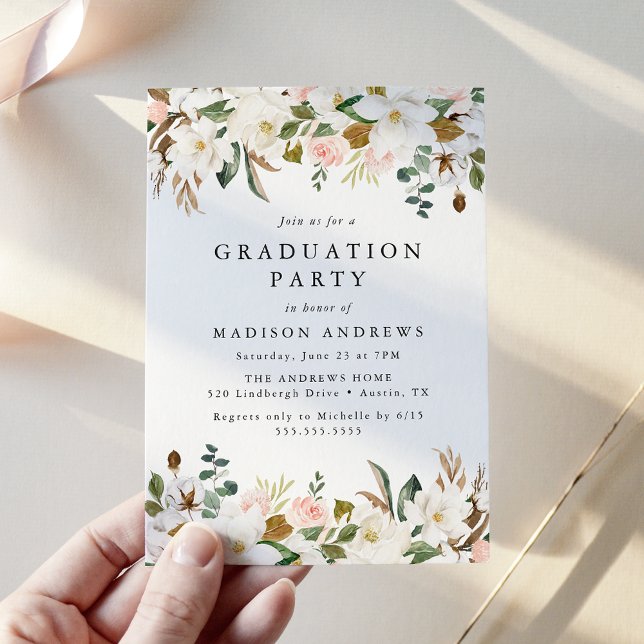 Elegant Magnolia and Blush Floral Graduation Party Invitation (Creator Uploaded)