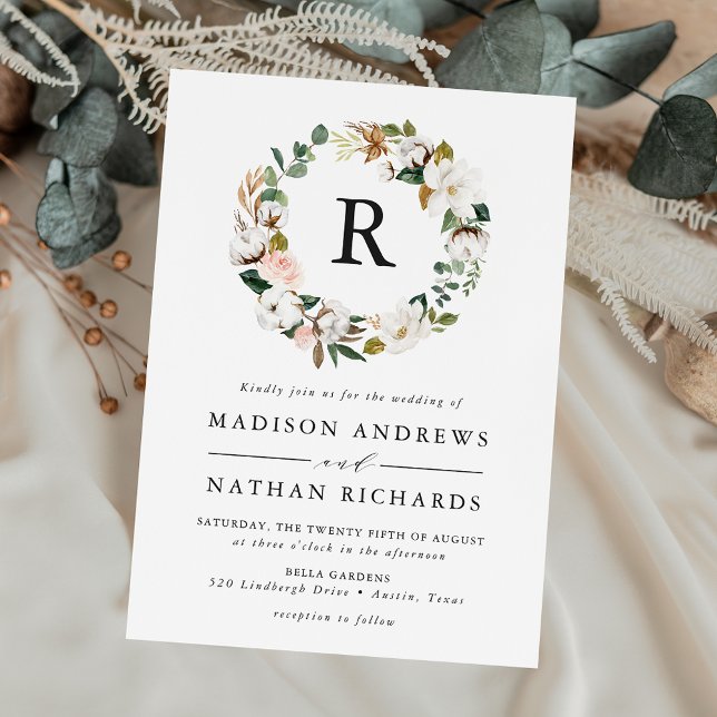 Elegant Magnolia and Blush Floral Monogram Wedding Invitation (Creator Uploaded)