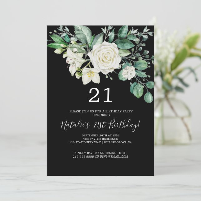 Elegant Magnolia | Black and White 21st Birthday  Invitation (Standing Front)
