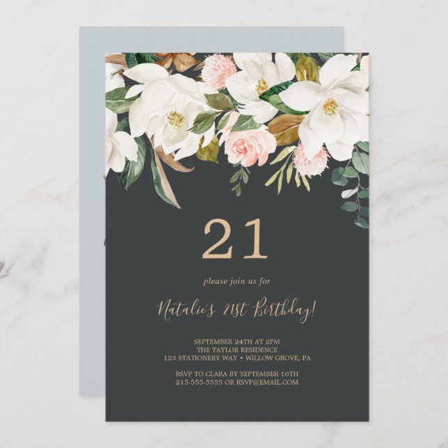 Elegant Magnolia | Black and White 21st Birthday Invitation (Front/Back)