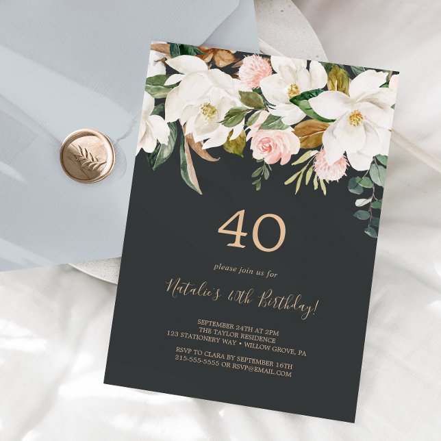 Elegant Magnolia | Black and White 40th Birthday Invitation (Creator Uploaded)