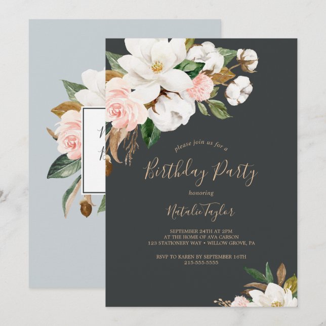 Elegant Magnolia | Black and White Birthday Party Invitation (Front/Back)