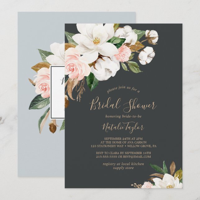 Elegant Magnolia | Black and White Bridal Shower Invitation (Front/Back)