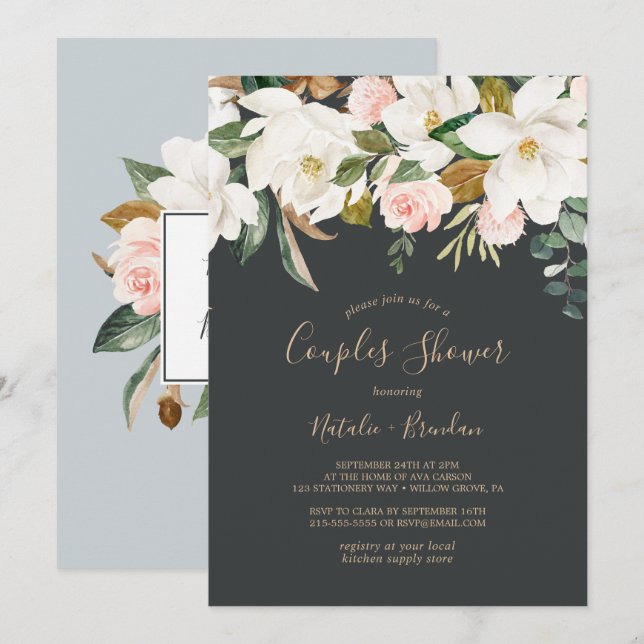 Elegant Magnolia | Black and White Couples Shower Invitation (Front/Back)