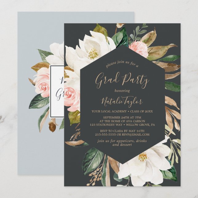 Elegant Magnolia Black and White Graduation Party Invitation (Front/Back)