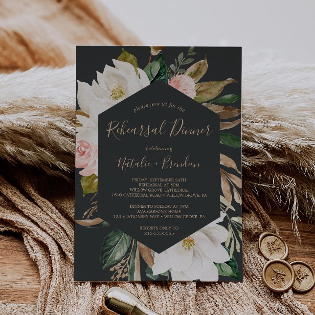 Elegant Magnolia Black and White Rehearsal Dinner Invitation (Creator Uploaded)