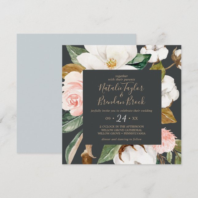 Elegant Magnolia | Black and White Square Wedding Invitation (Front/Back)