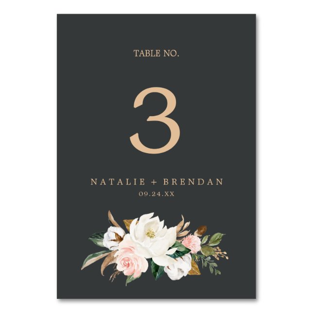 Elegant Magnolia | Black and White Table Number (Front)