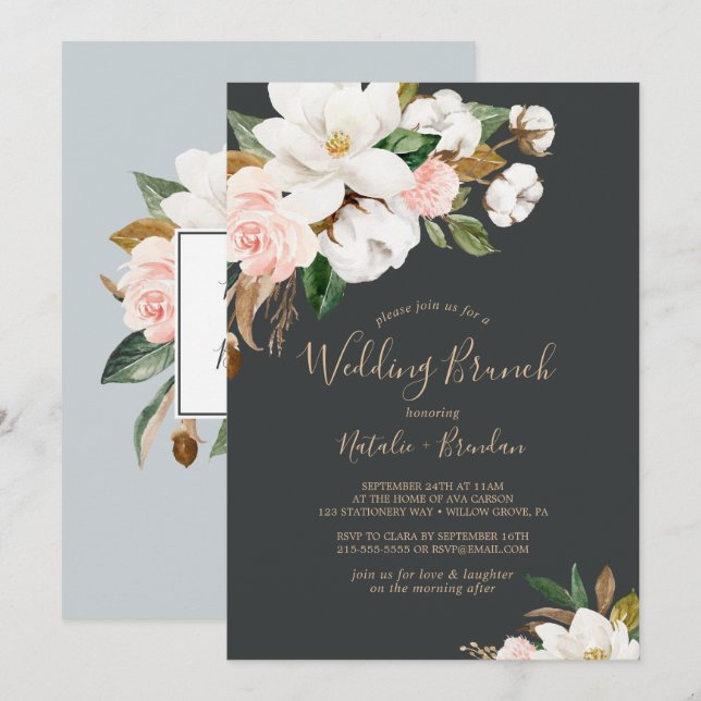 Elegant Magnolia | Black and White Wedding Brunch Invitation (Front/Back)