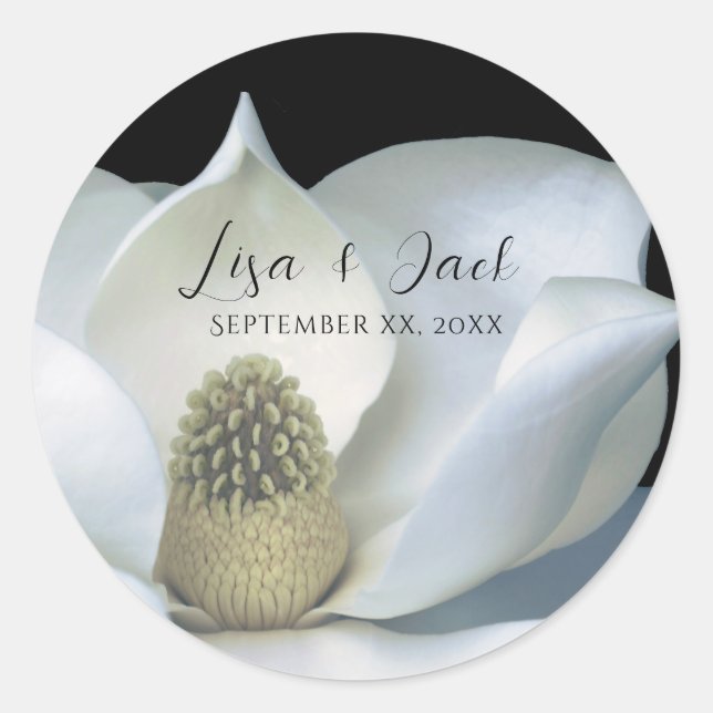 Elegant Magnolia Black and White Wedding Classic Round Sticker (Front)